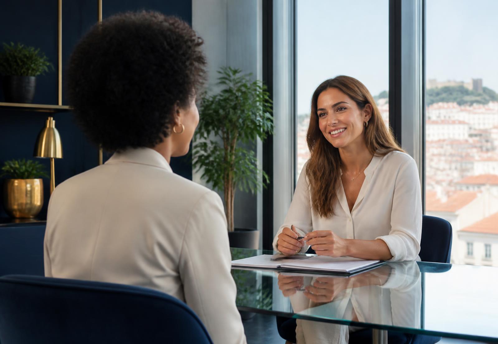Portuguese Talent consultant talking with a candidate in a Lisbon office